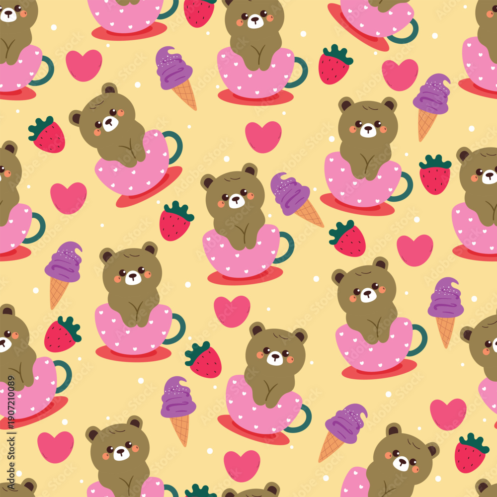 Obraz premium cute seamless pattern hand drawn cartoon bear inside pink cup. cute bear with ice cream and strawberry. animal background pattern