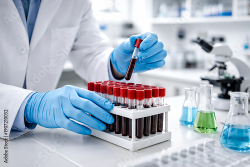 Close-up of hands in blue gloves holding test tubes with blood samples in a clinical analysis laboratory. Laboratory technician handling test tubes with blood samples in a clinical medical diagnostic 