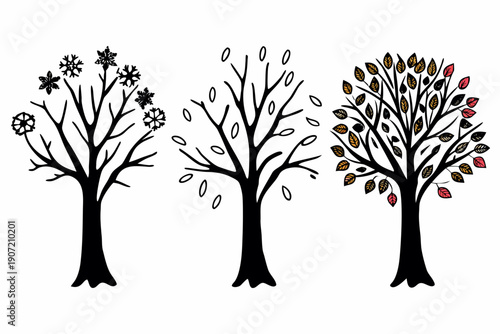 A vector graphic illustration of three trees representing the changing seasons in a minimalist flat design style