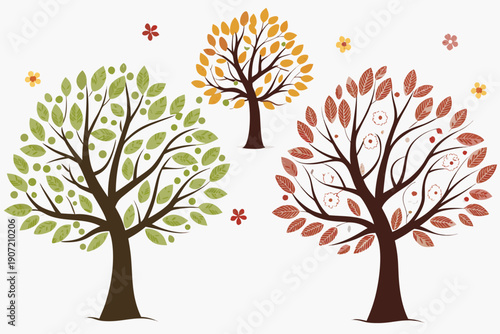 A colorful vector illustration of three trees with changing leaves and flowers on a white background