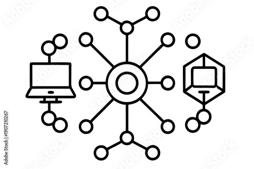 A vector graphic illustrating a network connection between a laptop, a central hub, and a blockchain symbol