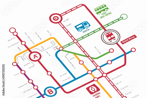 A colorful vector graphic illustration of a city transit map with various lines and symbols