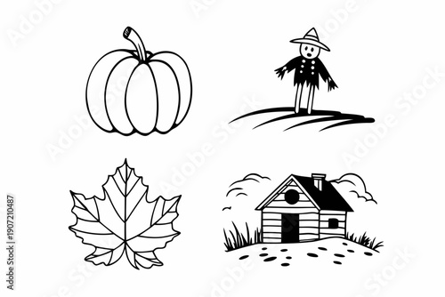 A black and white vector graphic illustration of autumn icons including a pumpkin, scarecrow, maple leaf, and house.
