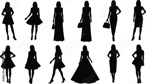 Woman, Women, Female, Silhouette, Fashion, Dress, Elegance, Style, Model, Pose, Beauty, Lifestyle, Glamour, Clothing, Outfit, Black, Vector, Illustration, Design, Collection