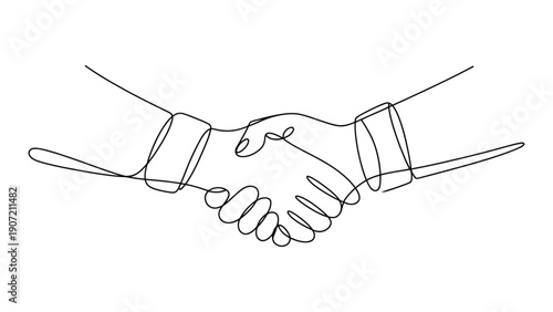  Single continuous line drawing of two hands shaking, symbolizing partnership, agreement, trust, teamwork, business collaboration and successful deal concept illustration