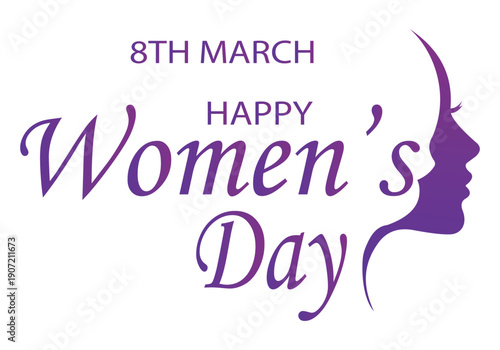 Happy international women's day greeting card with a purple silhouette of a woman's face