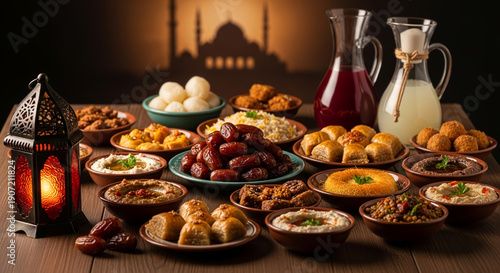 Traditional Ramadan 2026 Iftar Food with Warm Islamic Ambience.