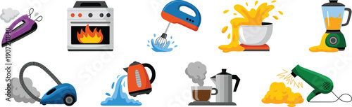 Collection of broken household appliances showing kitchen accidents and equipment malfunction, electric tools safety issues, home damage, cad drawing flat vector illustration