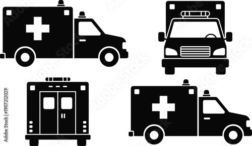 Ambulance, Emergency, Medical, Vehicle, Healthcare, Hospital, Rescue, Paramedic, Transport, Firstaid, Safety, Service, Response, Siren, Car, Van, Silhouette, Vector, Illustration, Collection
