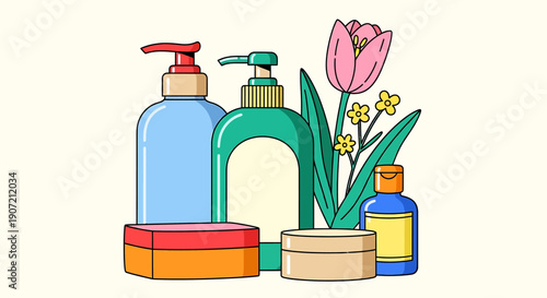 Colorful illustration of beauty products and flowers on cream background