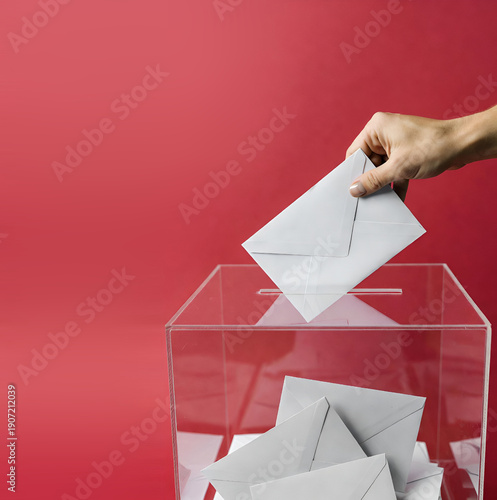 Main déposant un bulletin de vote dans une urne transparente pour un scrutin officiel et démocratique