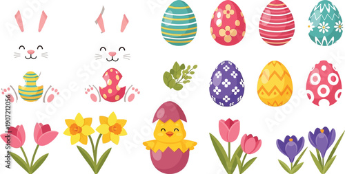 Adorable cartoon set featuring happy easter bunnies colorful decorated eggs spring flowers and a cute chick hatching from an eggshell