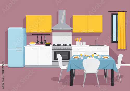 Modern kitchen interior with dining table fridge stove cabinets and utensils illustration
