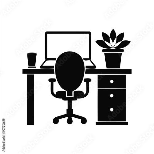 Home office desk setup with a laptop, chair, cup, and potted plant, illustrating a comfortable and productive workspace.