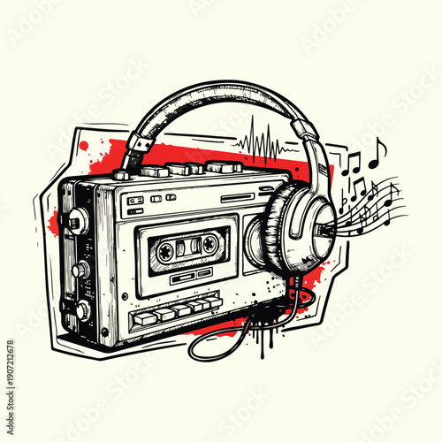 Retro Cassette Headphones Grunge T Shirt Design Vector Illustration