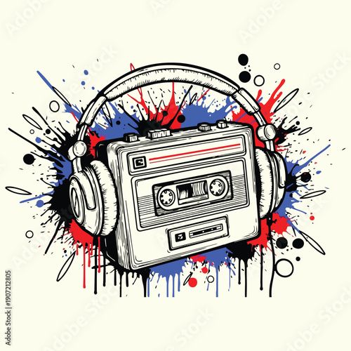 Retro Cassette Headphones Grunge T Shirt Design Vector Illustration
