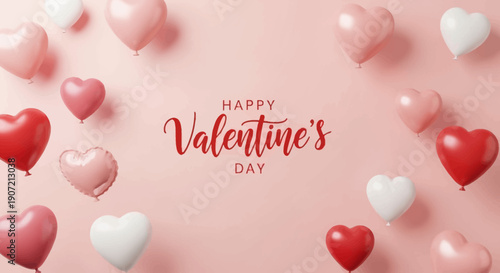 Heart balloons celebrate Happy Valentine's Day on pink background