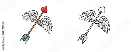Wooden cupid arrow with red heart tip and white wings in cartoon style for Valentine day decorations or romantic wedding graphic elements on white background