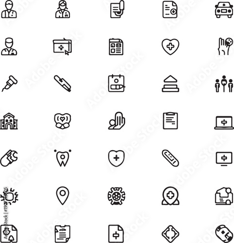 Medical and healthcare line icon set. Thin line vector symbols for hospital, doctor, and pharmacy. Includes telemedicine and vaccination icons.
