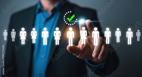 Professional select ing candidate for job with check mark. Business recruitment, HR, talent acquisition, selection concept.