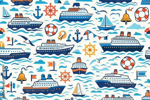 Cruise Ship Pattern - Ocean Voyage and Nautical Elements
