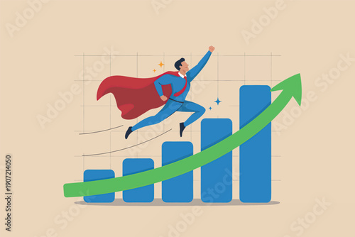 Superhero propelling towards success with a rising growth chart background