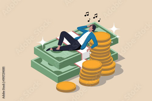 Relaxing amidst wealth with a musical twist in a stylized illustration
