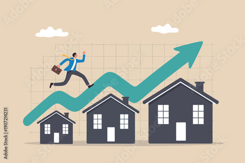 A person leaping over houses while following an upward growth trend line.