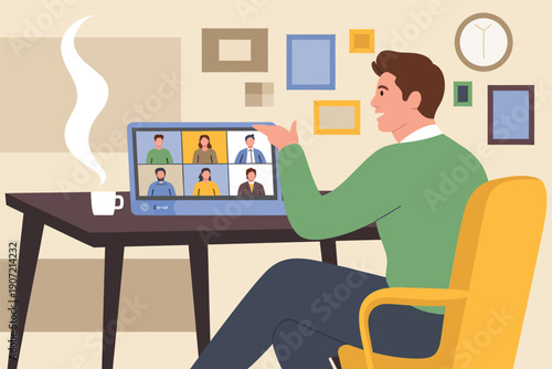 A man participating in a virtual meeting with a cup of coffee in hand.