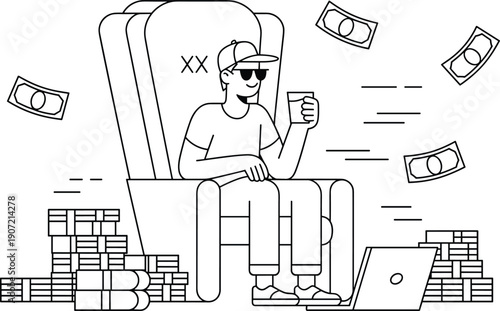 Young millionaire relaxing in armchair with money illustration isolated on white background passive income success finance concept
