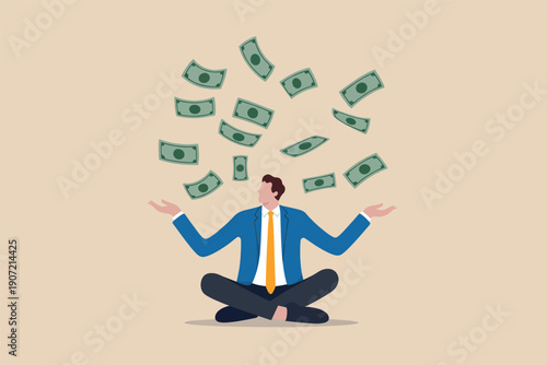 Professional meditating while money floats around in a calm and prosperous atmosphere
