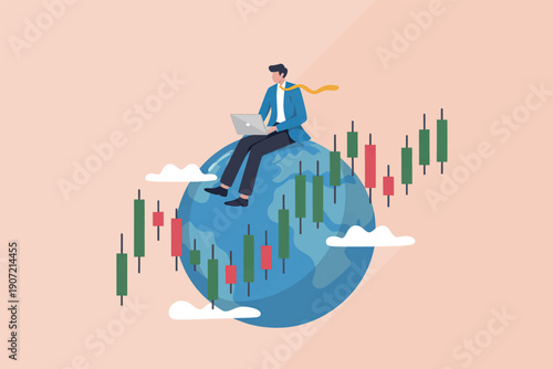 Global finance and market growth illustrated by a person standing on a world with rising charts