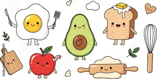 A collection of cute cartoon food illustrations for breakfast and healthy eating