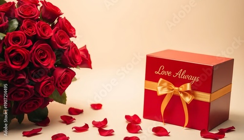 Red Rose Bouquet with Gift Box and Golden Ribbon – Love Always Romantic Valentine’s Day Greeting