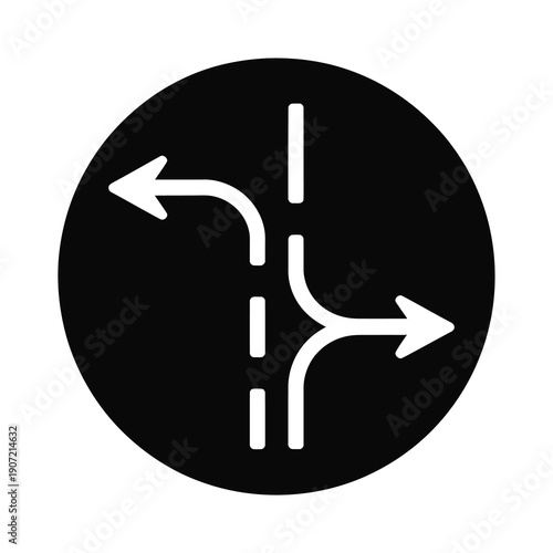 Vector graphic of a black circular road sign with white arrows indicating directions