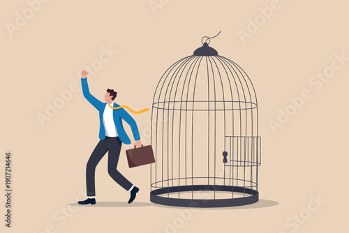 Business professional escaping from a metaphorical cage of constraints