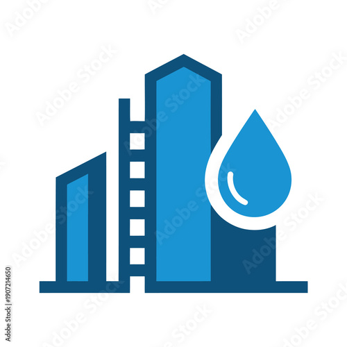 Vector graphic of a factory with a large water drop on the right side