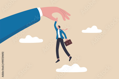 A business professional reaching for a helping hand amidst the clouds