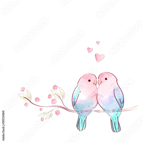 Cute love birds in pastel colors representing love. Watercolor doodle