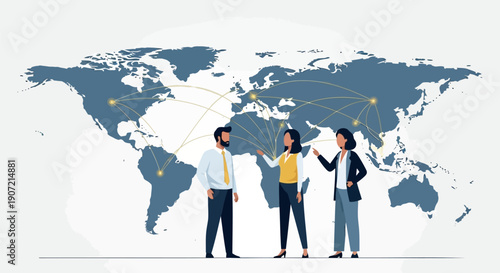 Vector illustration of diverse business people interacting in front of a world map with connections, for global marketing or presentation