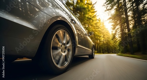 Forest Drive: Close up of car wheel spinning on a sunlit road through green trees, automotive motion, weekend road trip, nature travel and adventure lifestyle concept