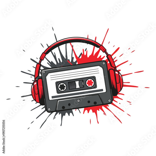 Retro Cassette Headphones Grunge T Shirt Design Vector Illustration