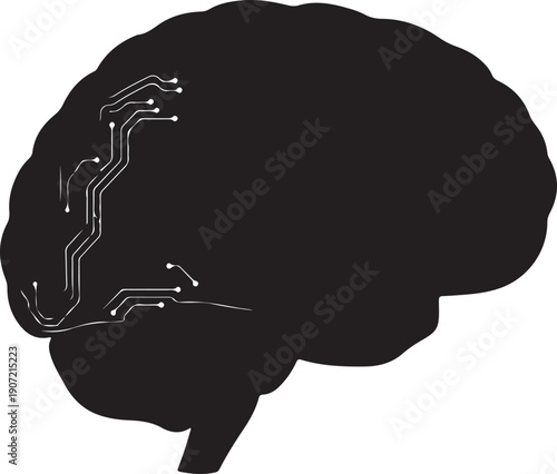 Black silhouette of a brain with a mechanical device isolated on transparent background