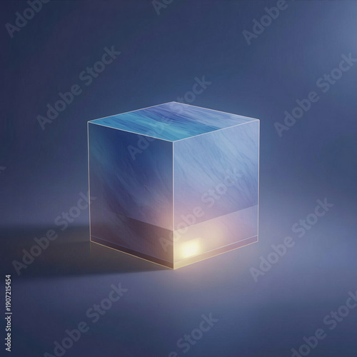 Glowing Transparent Cube in Dark Blue Space, Futuristic Technology Background