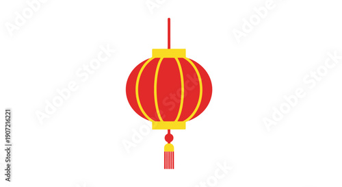 Vibrant red lantern with yellow accents hanging from above on transparent background