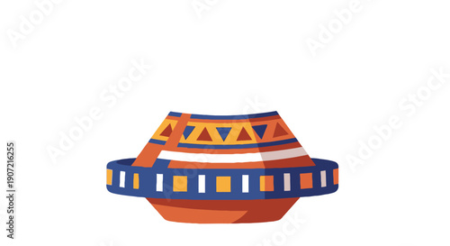 A vibrant graphic illustration of a decorative pottery vase showcasing geometric patterns and bold colors in a cultural artifact display