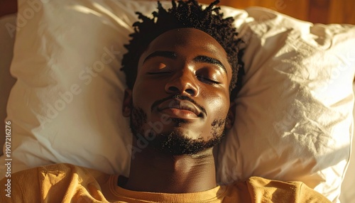 Serene slumber - A young Black man resting peacefully on a pillow.