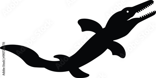 Prehistoric marine reptile silhouette vector illustration, plesiosaur swimming ocean dinosaur design, ancient sea predator, black minimalist wildlife graphic icon logo