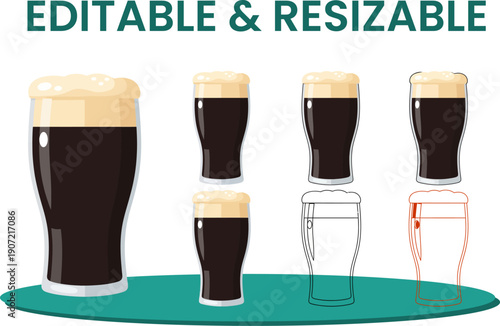 Set of dark beer in glass with foam, editable and resizable vector illustration for brewery design