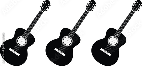Acoustic guitar silhouette set isolated on white background, musical instrument vector illustration for music design, icons, posters, branding